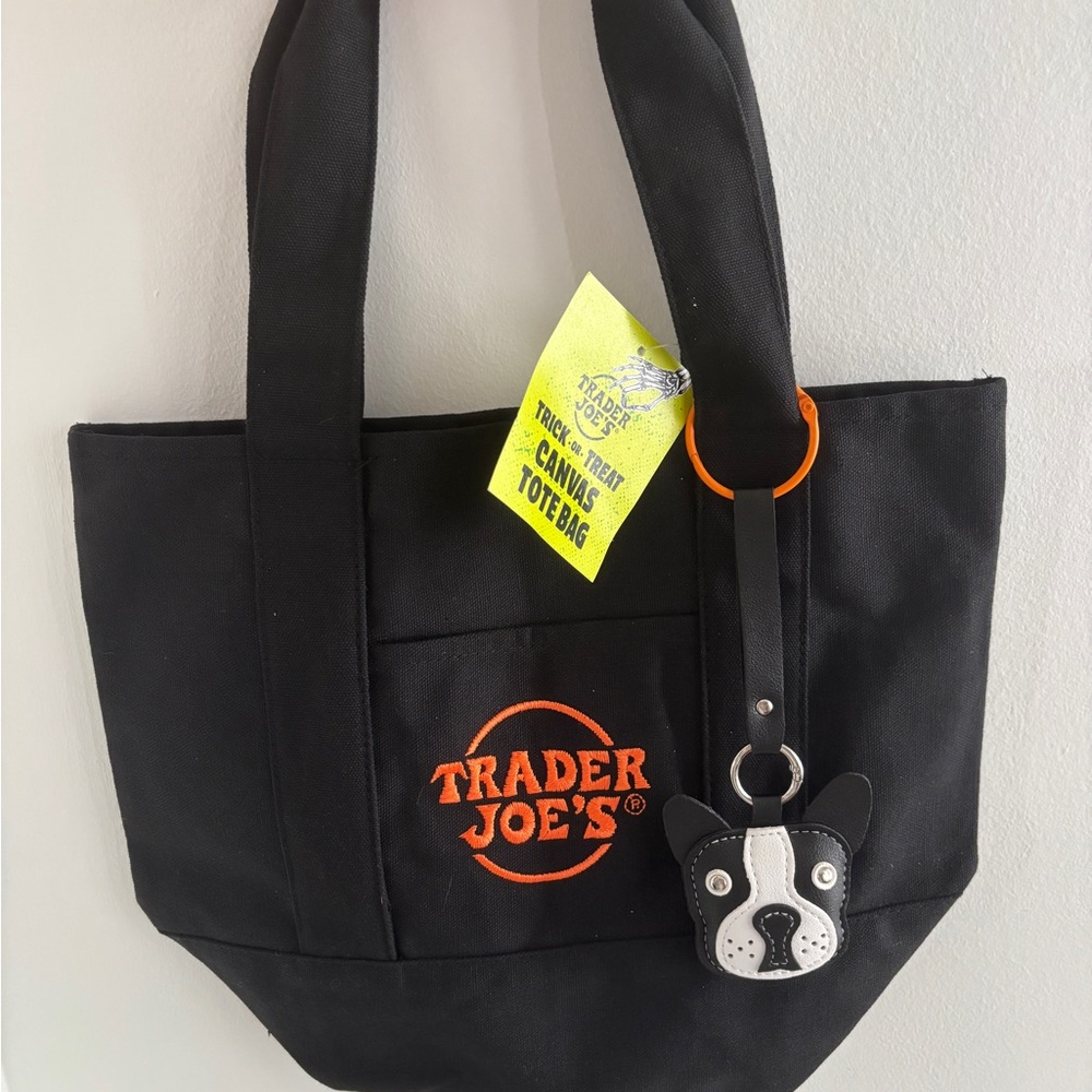 Trader Joe's mini canvas Tote Bag black with puppy dog bag charm trick or treat